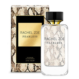 Close-up label on Rachel Zoe Fearless bottle highlights fragrance notes.