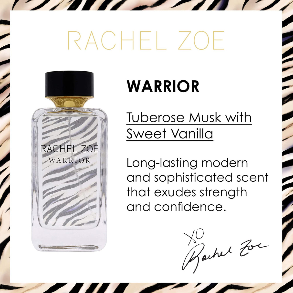 Rachel Zoe Warrior EDP bottle close-up highlighting tuberose and patchouli notes
