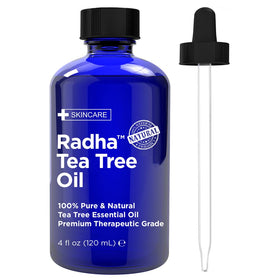 Radha Beauty Tea Tree Oil bottle pour for skin cleansing and home use