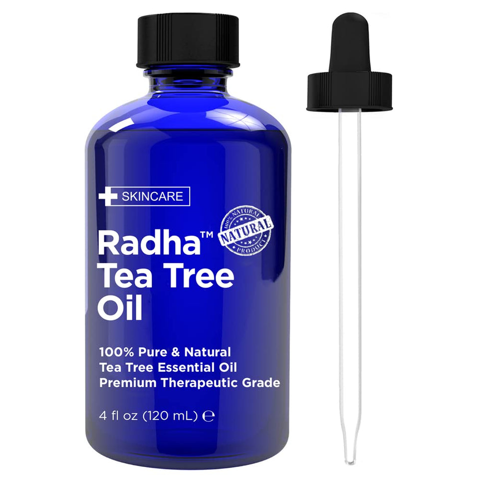 Radha Beauty Tea Tree Oil bottle pour for skin cleansing and home use