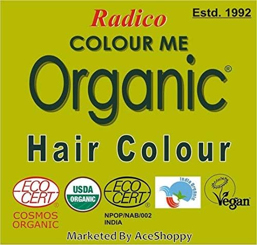 Radico Colour Me Organic Dark Brown ingredients panel highlights plant-based color.