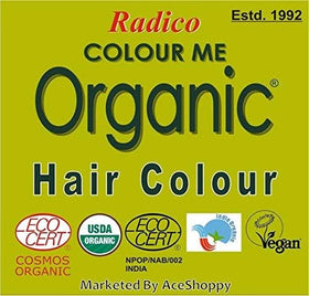Radico Colour Me Organic Dark Brown ingredients panel highlights plant-based color.
