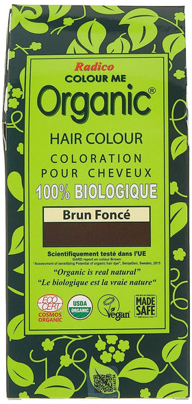 Radico Colour Me Organic Dark Brown packaging shows herbal formula for natural color.