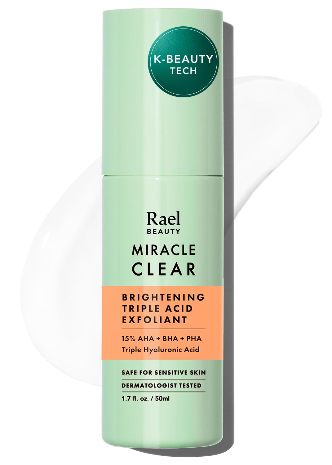 Rael Miracle Clear exfoliator bottle close-up highlighting the triple-acid formula for radiant skin.