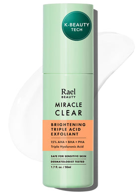 Rael Miracle Clear exfoliator bottle close-up highlighting the triple-acid formula for radiant skin.