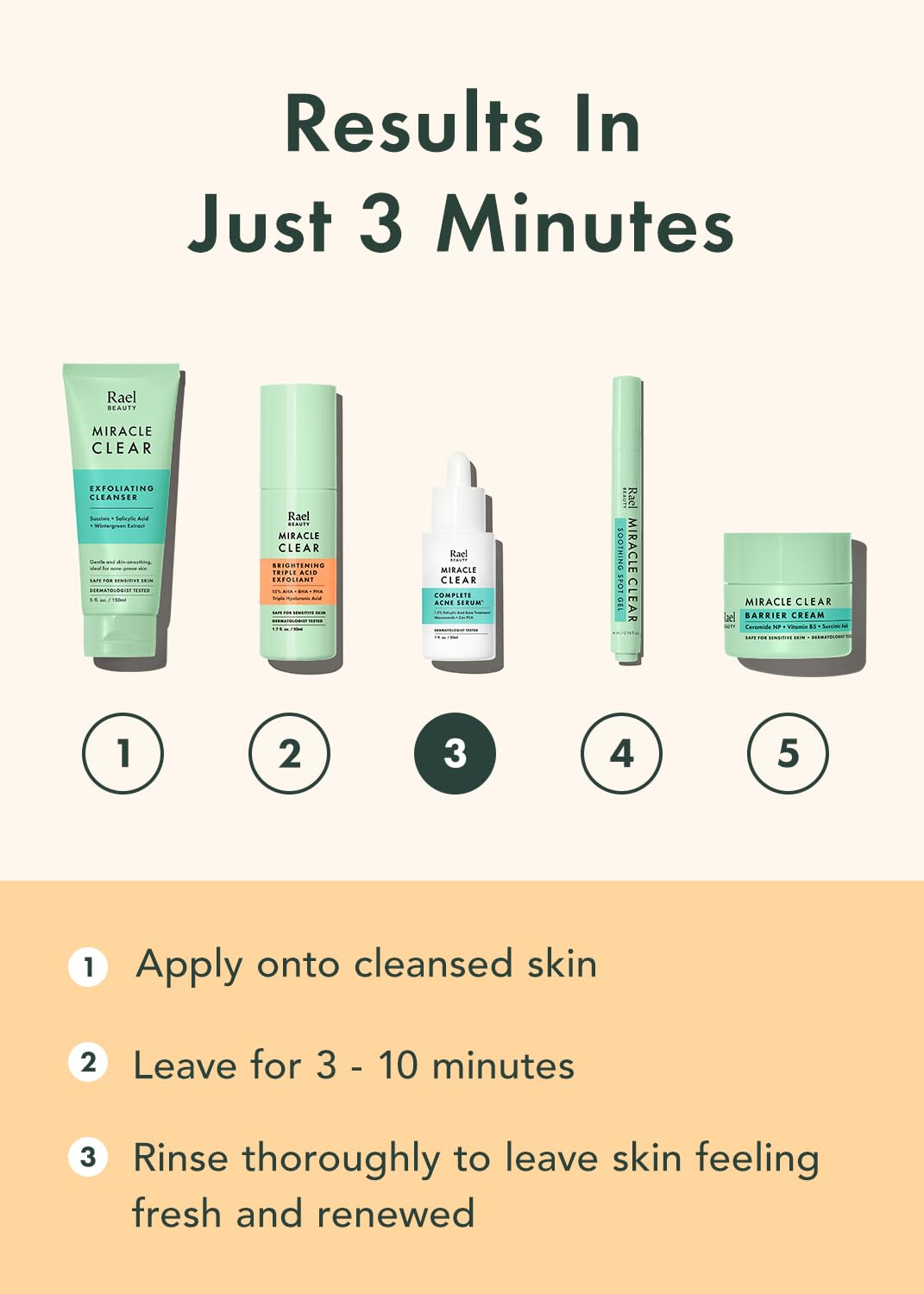 Rael Miracle Clear droplets of hyaluronic acids for lasting hydration at a glance.