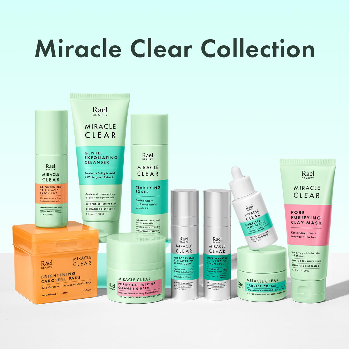 Rael Miracle Clear packaging indicating sensitive skin-friendly formulation.
