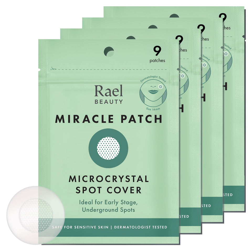 Rael Pimple Patch on skin provides protective barrier for early-stage blemishes.