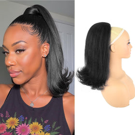 Rafabcici drawstring ponytail 14in shows realistic yaki texture for seamless blend.