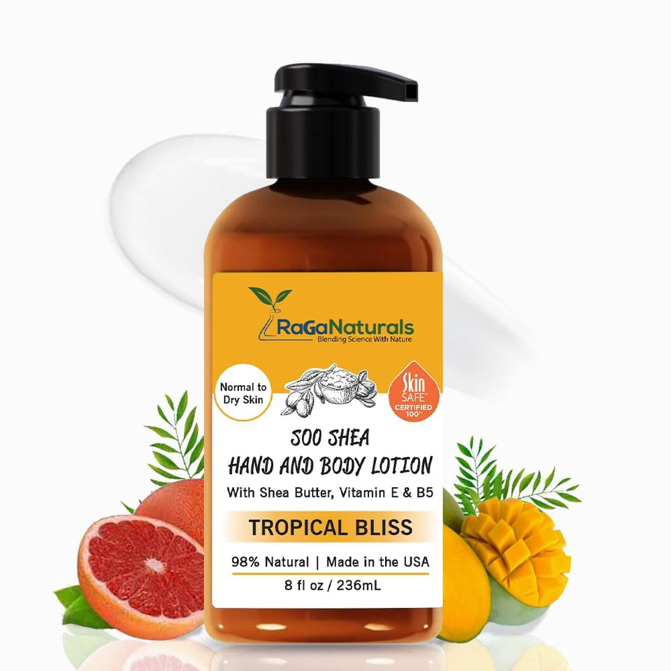 RaGaNaturals Mango Shea Lotion bottle delivering hydrating tropical moisture