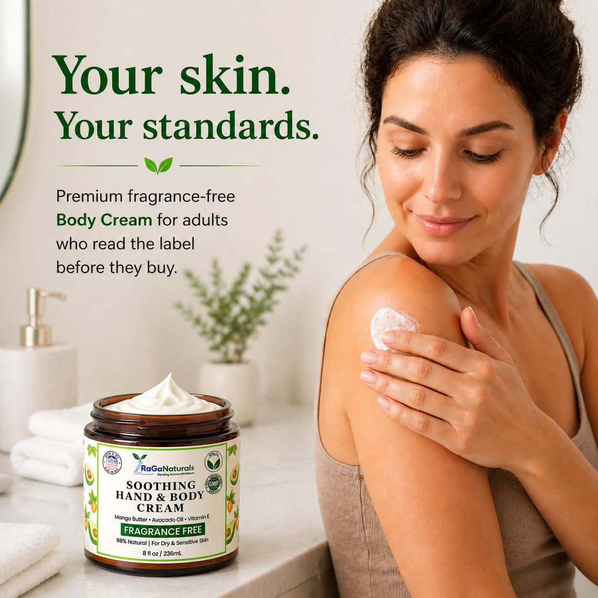 RaGaNaturals unscented cream on hand demonstrates quick absorption