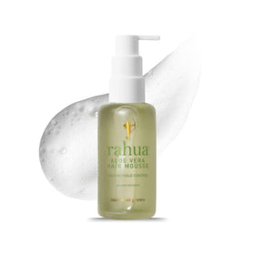 Rahua Aloe Hair Mousse bottle pouring signals weightless volume.