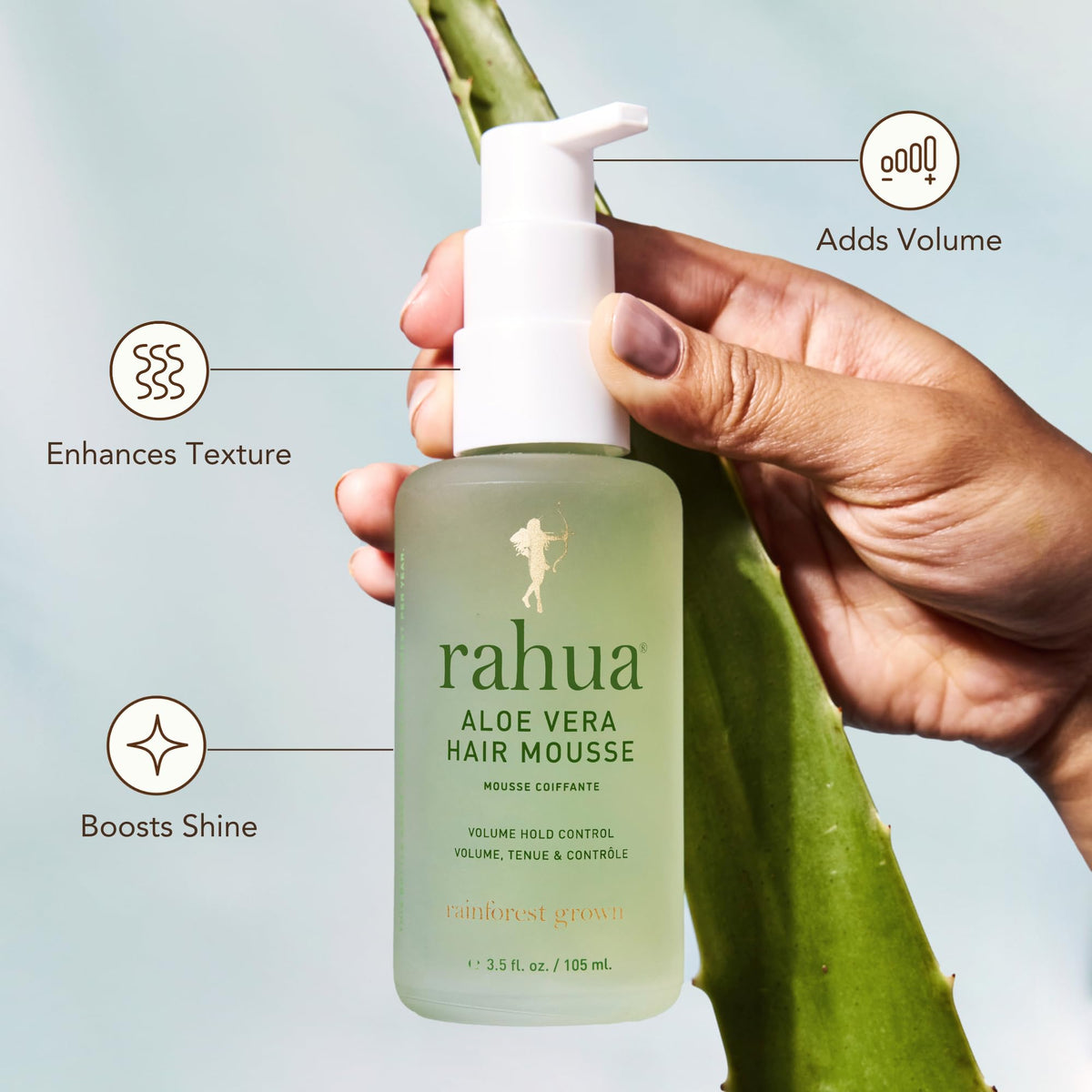 Rahua Aloe Hair Mousse foamy dispense shows airy texture and lift.