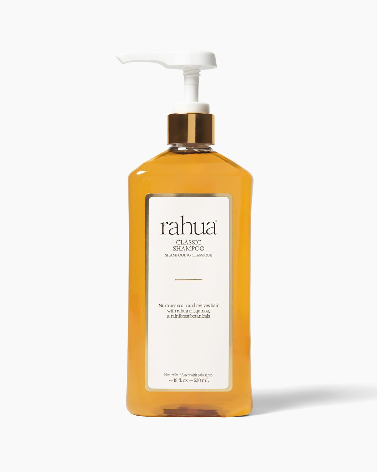 Rahua Classic Shampoo bottle pour showing Palo Santo aroma for daily cleansing.
