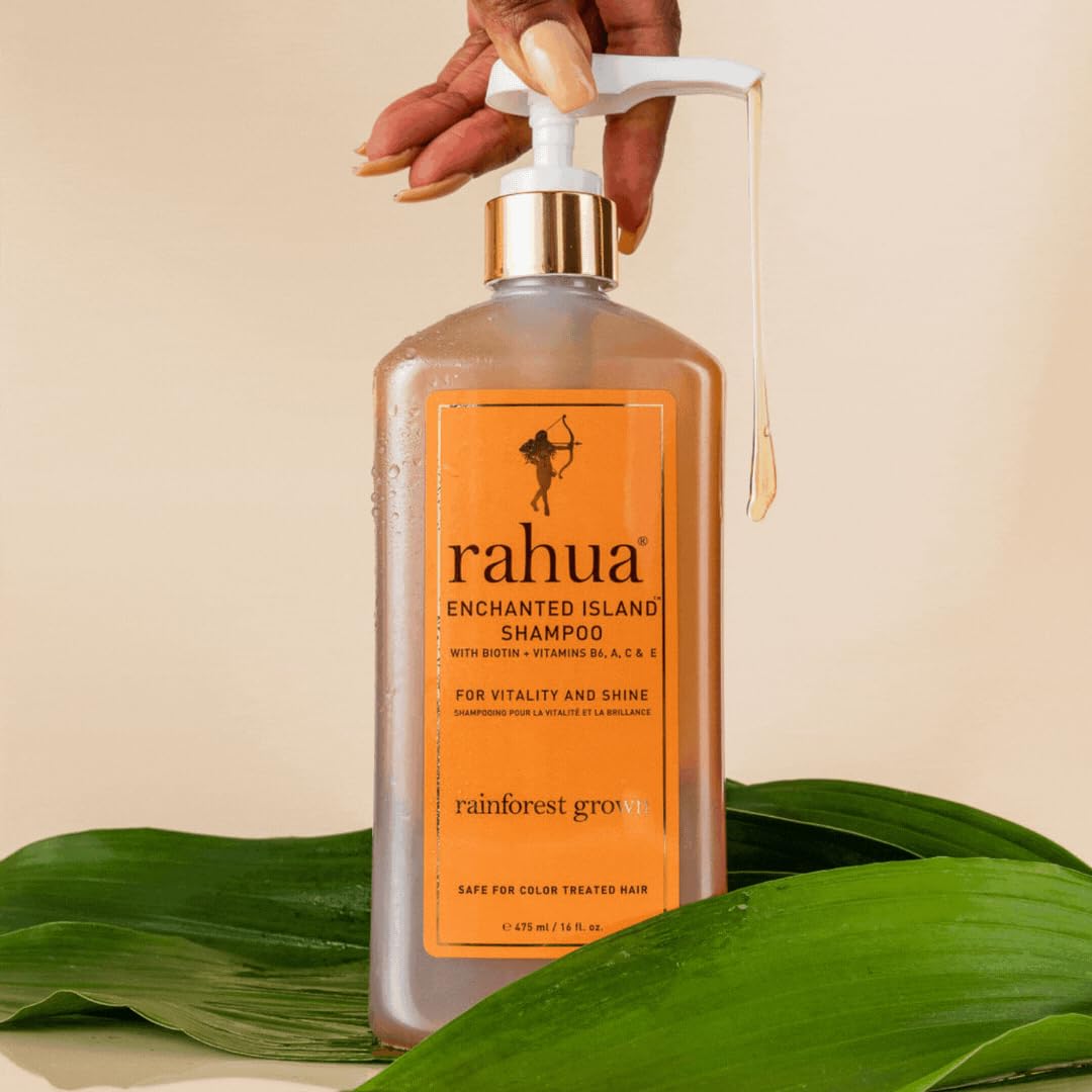 Rahua Enchanted Island Shampoo ingredients section emphasizes nourishing oils for healthy shine.