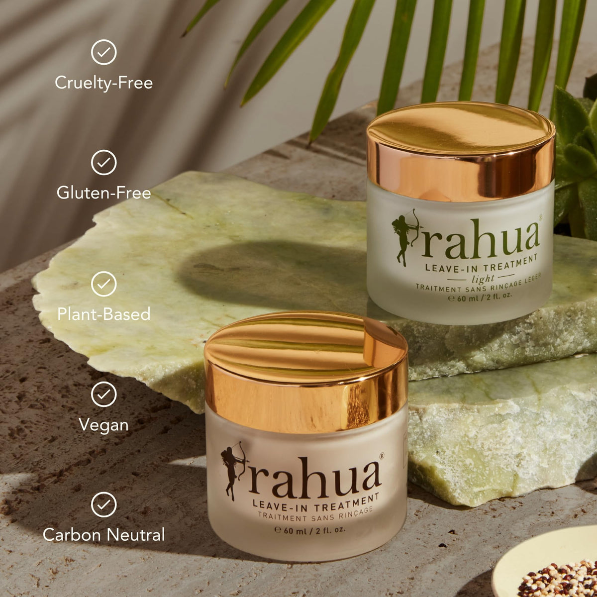 Rahua Leave-In Light bottle on vanity suggests simple daily hydration and heat protection