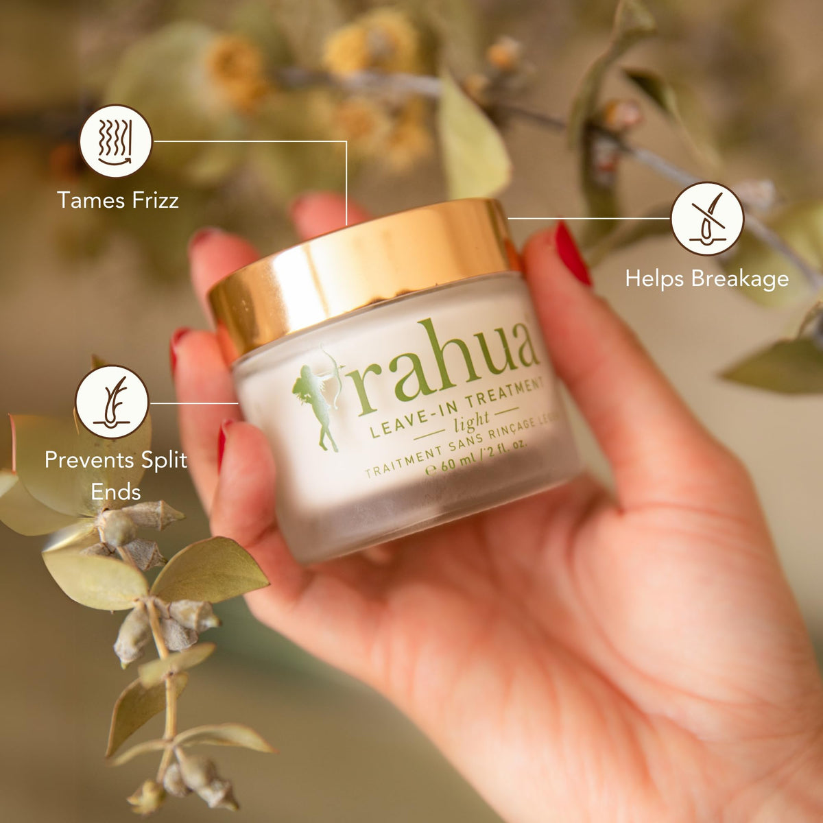 Rahua Leave-In Light dispense pump demonstrates easy application to damp hair