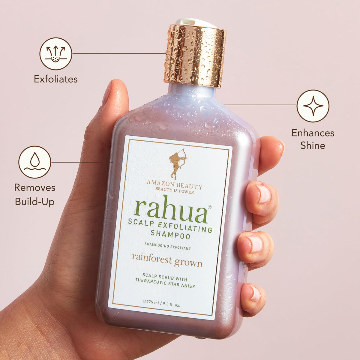 Rahua star-anise exfoliant grains featured for gentle scalp cleansing.