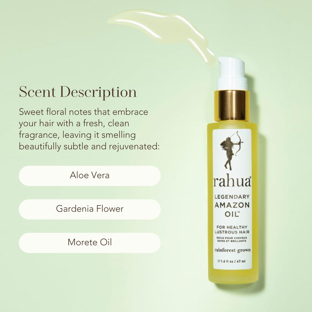Rahua plant-based blend with Sacha Inchi and Morete oils; clean, paraben-free formula.