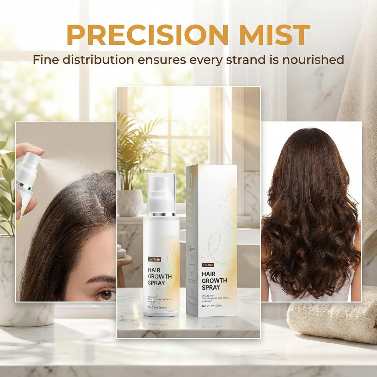 RAIFIN Hair Growth Spray before-after-demo suggests visible fullness over time.