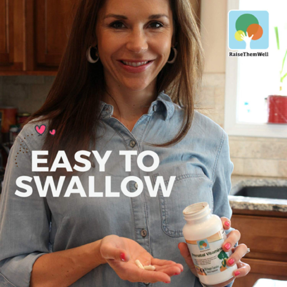 Raise Them Well prenatal capsules close-up, vegetarian formula designed for easy digestion