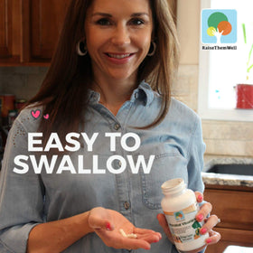 Raise Them Well prenatal capsules close-up, vegetarian formula designed for easy digestion