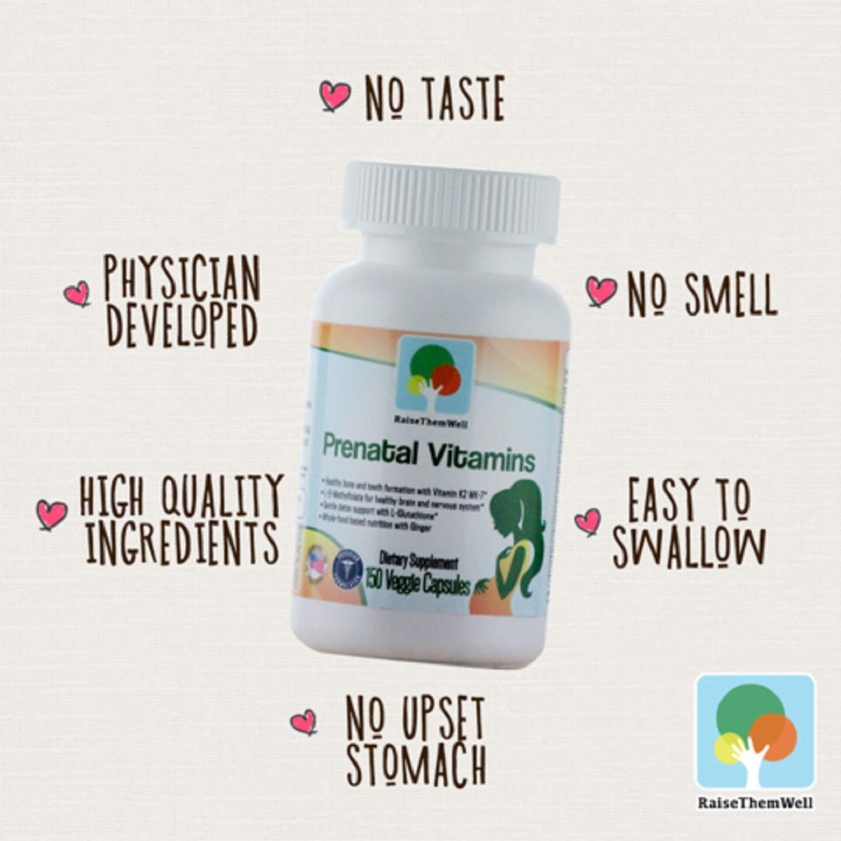 Raise Them Well prenatal label panel highlighting methylfolate and iron