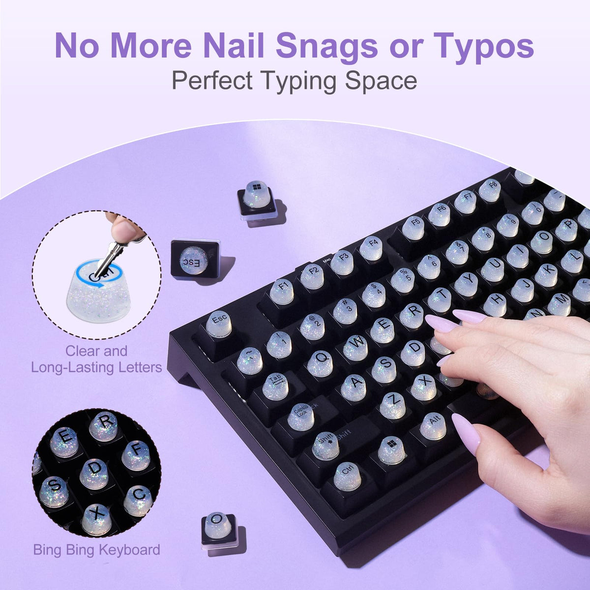 Raised Button glitter keyboard stickers catch light for a stylish look.