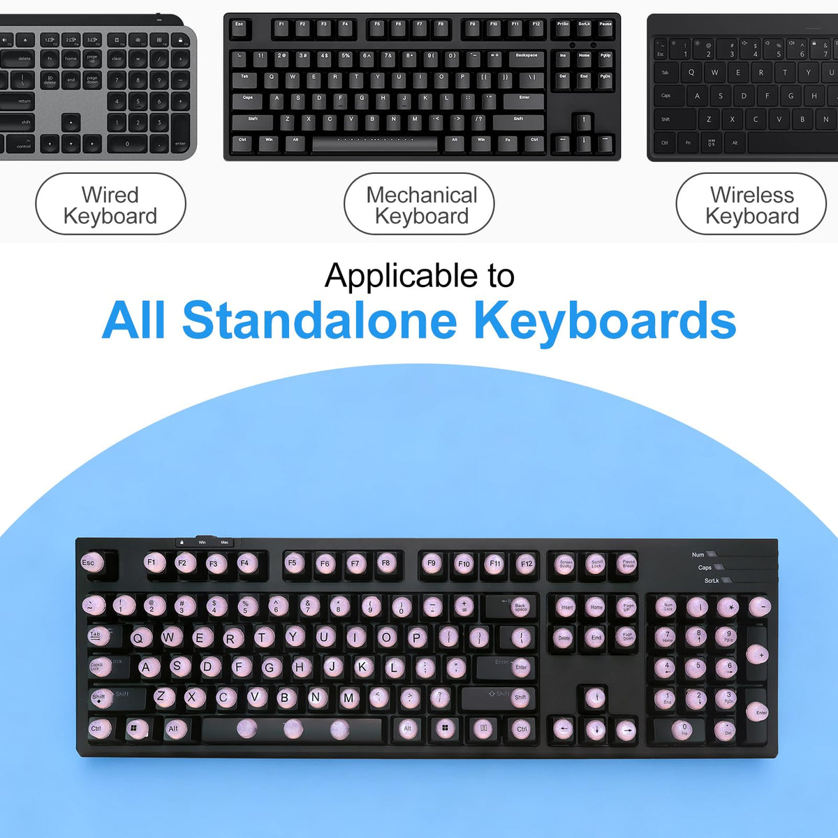 Raised Button pink keycaps protect nails while enhancing typing accuracy.