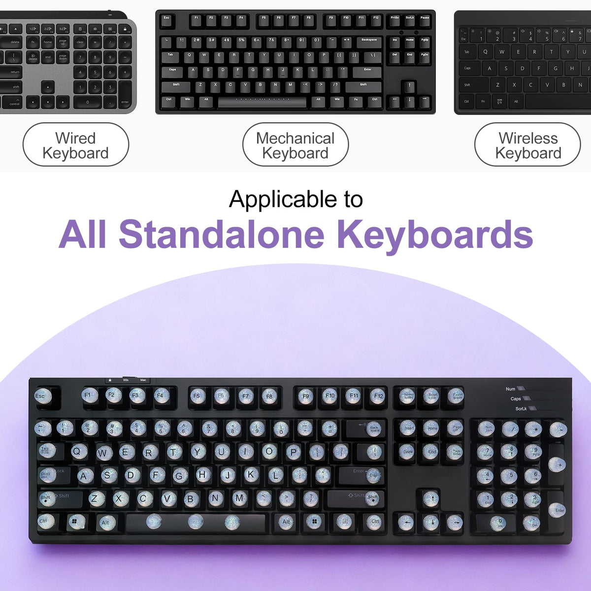 Raised Button universal-fit keycaps work with most wired or wireless keyboards.
