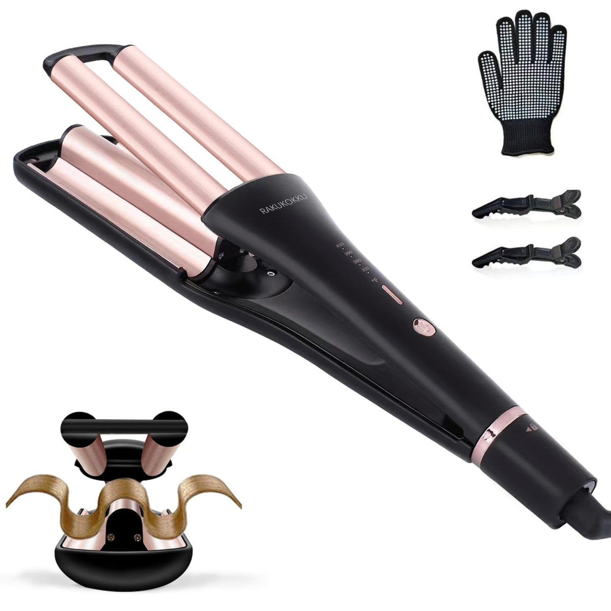 RAKUKOKKU 4-in-1 Crimper front view shows the gold finish and overall design for versatile styling
