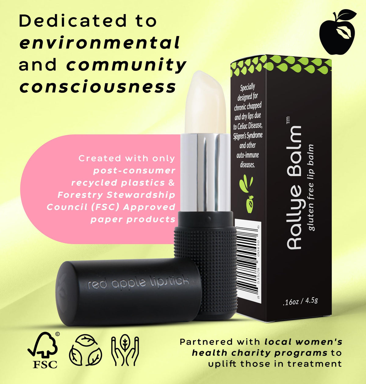 Rallye Balm packaging uses post-consumer recycled plastics and FSC paper.