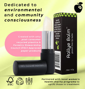 Rallye Balm packaging uses post-consumer recycled plastics and FSC paper.