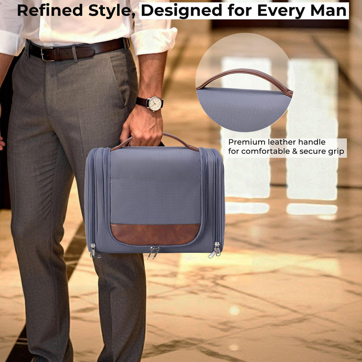 Ralnitote durable water-resistant fabric with refined leather trim