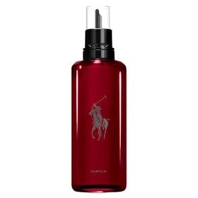 Ralph Lauren Polo Red Parfum refill bottle showcases sustainable, bold silhouette.