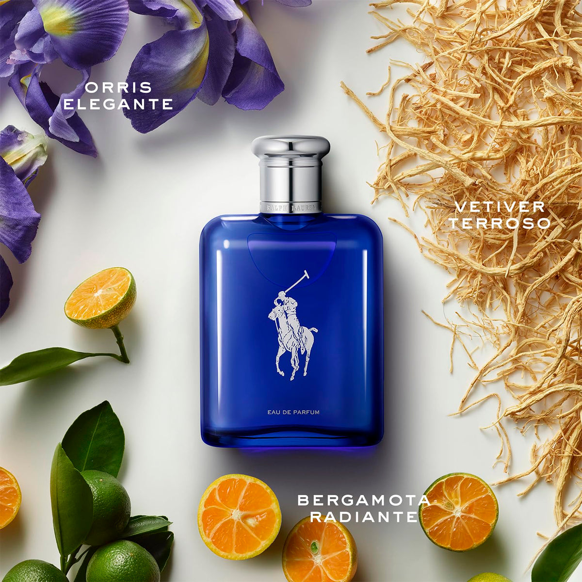 Polo Blue bottle on vanity evokes aquatic, citrus vibe for daily confidence