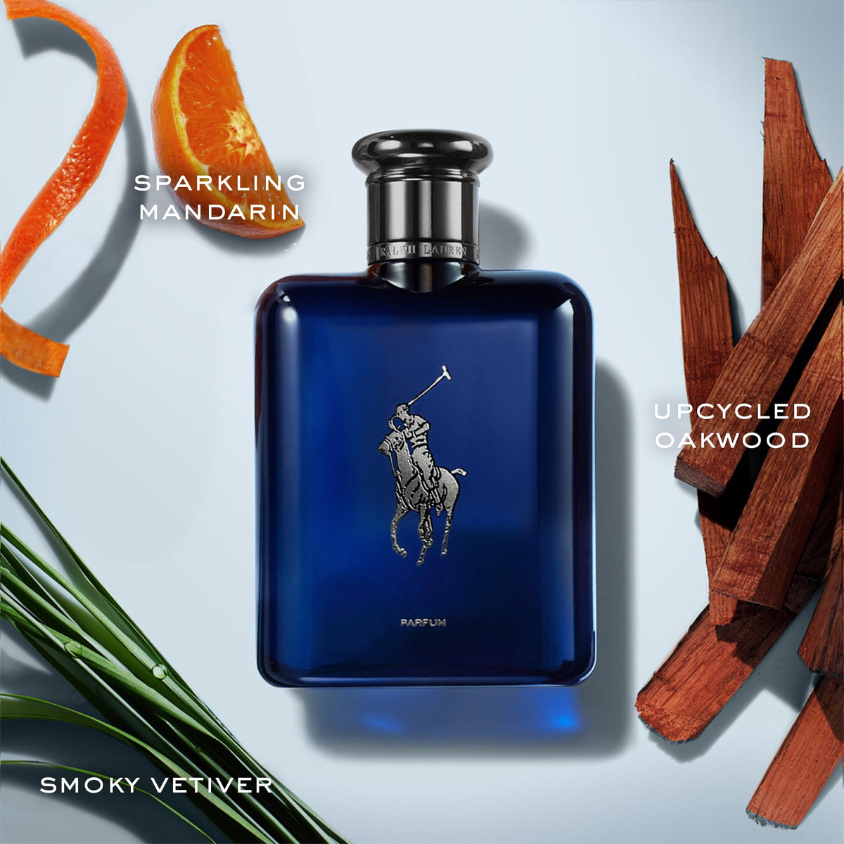 Ralph Lauren Polo Blue refillable navy bottle signaling sustainable luxury.
