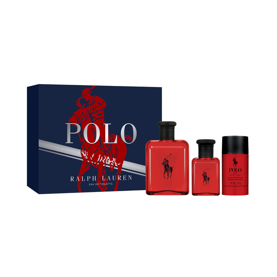 Ralph Lauren Polo Red fragrance trio gift box for men, ideal for gifting and daily energizing scent.