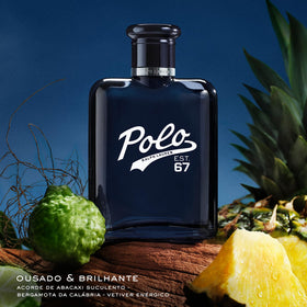 Ralph Lauren Polo 67 bottle close-up with sleek masculine silhouette for vanity display.