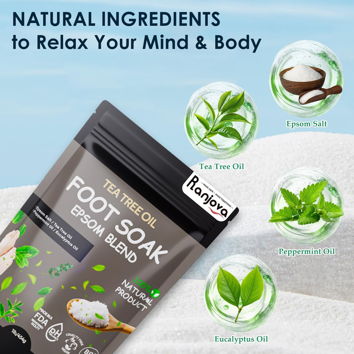Ranjova Foot Spa tea tree oil soak provides refreshing aromatics for a spa-like experience