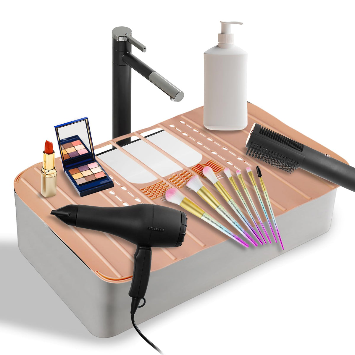 Ranphykx sink foldable cover over the sink expands counter space for makeup routines.