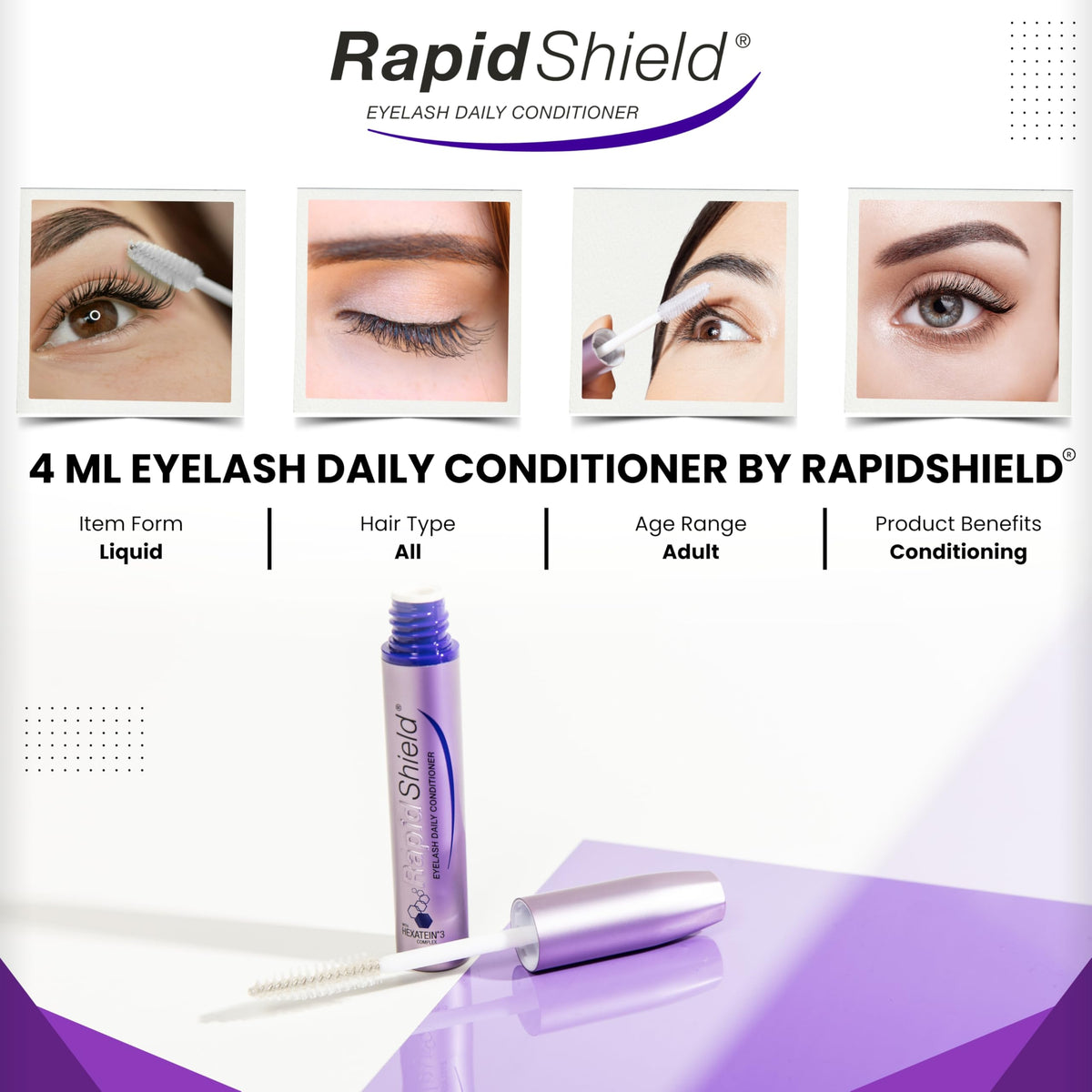 RapidShield biotin and hyaluronic acid blend nourishes lashes over time.