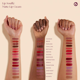 Rare Beauty Courage lipstick close-up emphasizes nourishing hydration and blurring effect.
