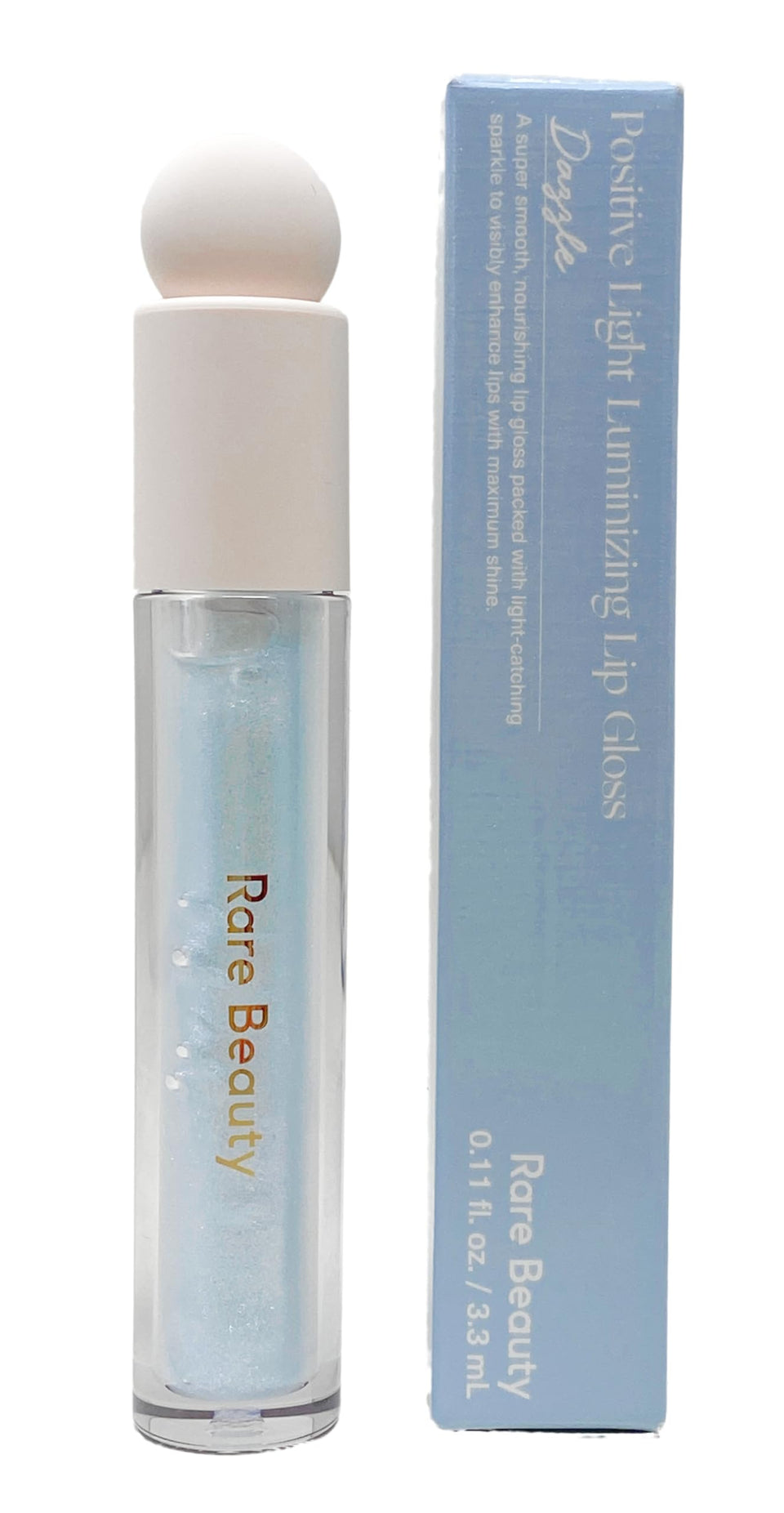 Rare Beauty Dazzle lip gloss bottle shows sheer blue shimmer and hydration