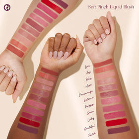 Rare Beauty Bliss apply on cheeks demonstrates lightweight, portable formula