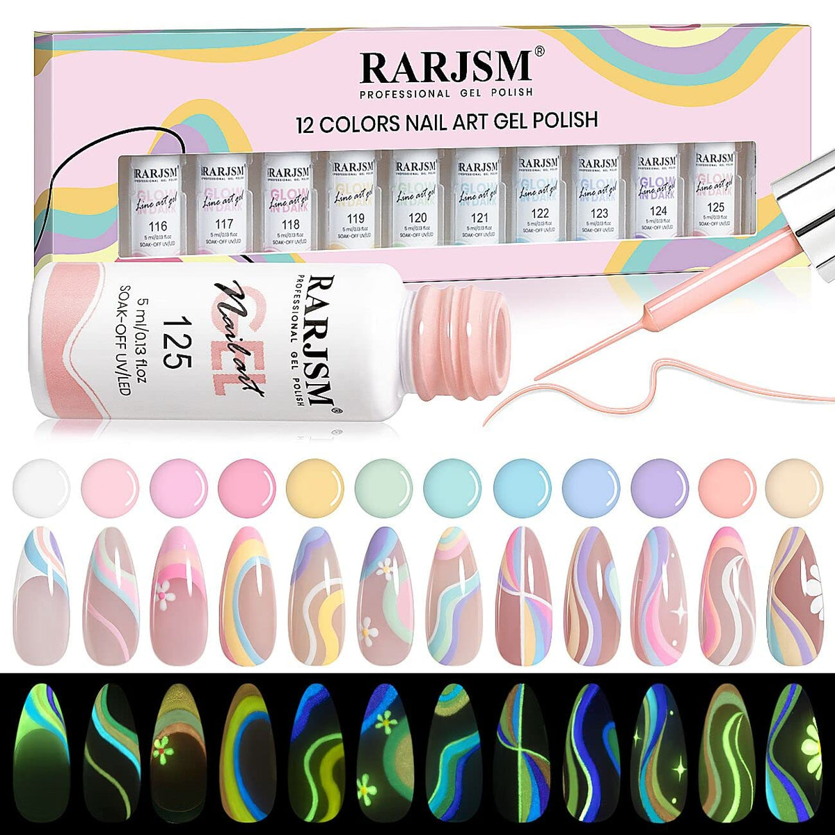 RARJSM glow gel liner with 12 colors for vibrant daily nails and glow options