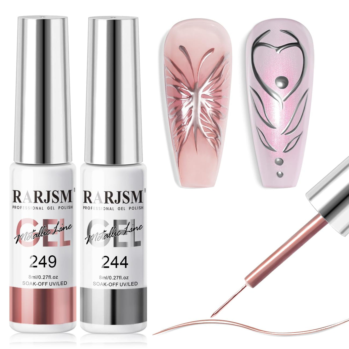 RARJSM metallic chrome gel liner with silver-rose base adds luxe glow to nails