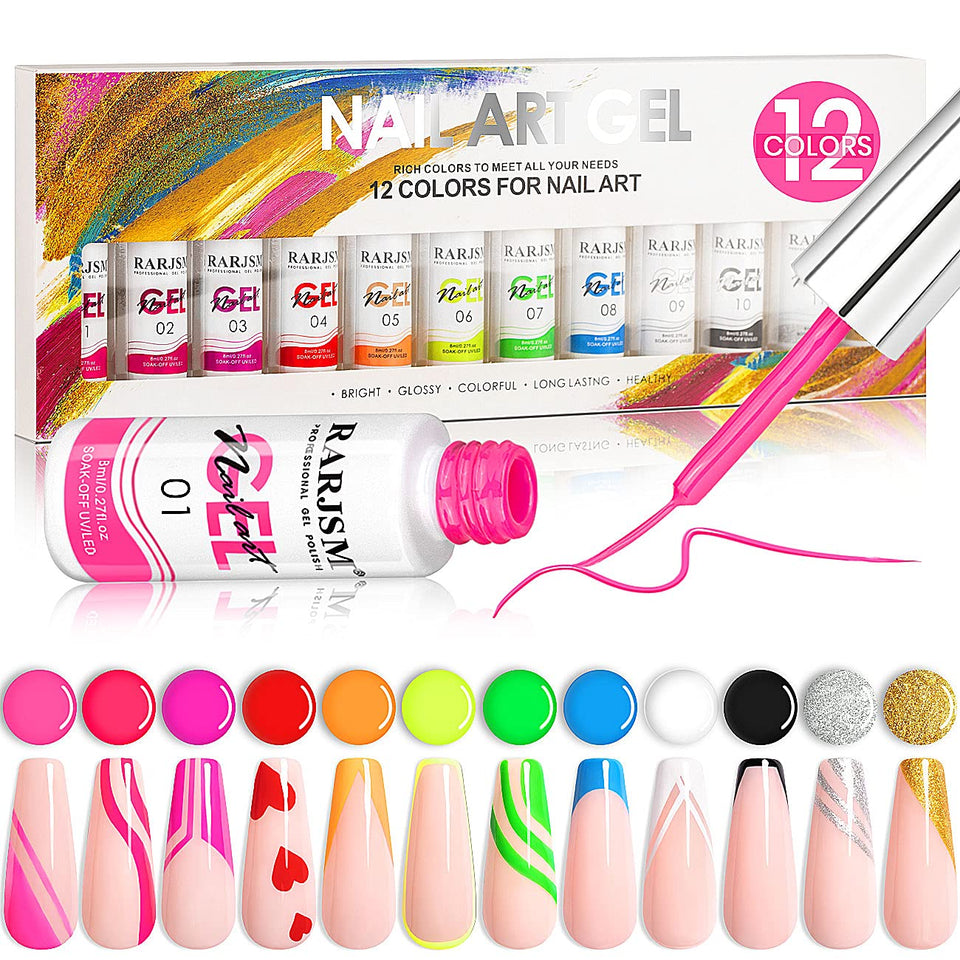 RARJSM Painted Gel Nail Polish Set swatches show vivid line art colors for creative manicures.