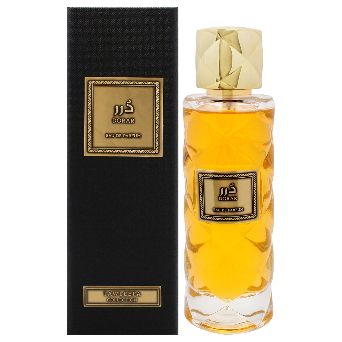 Rasasi Dorar Tawleefa bottle front showcases elegant Arabian design for refined evenings.
