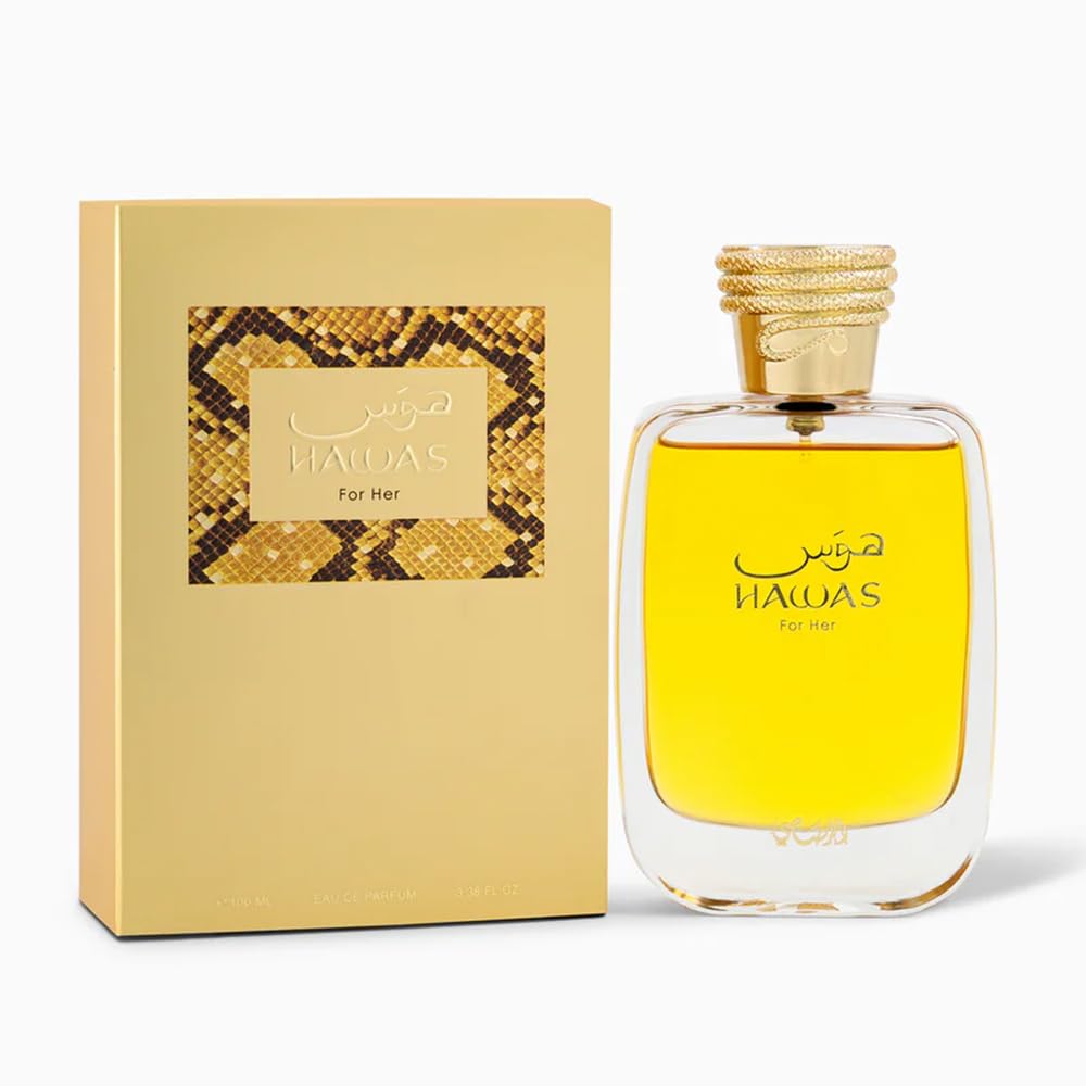 RASASI Hawas for Her bottle side profile, elegant silhouette.